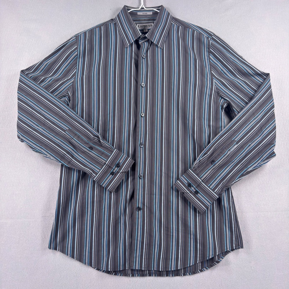 Express Fitted Stretch Cotton Shirt Mens Medium Gray Blue Striped Long Sleeve
